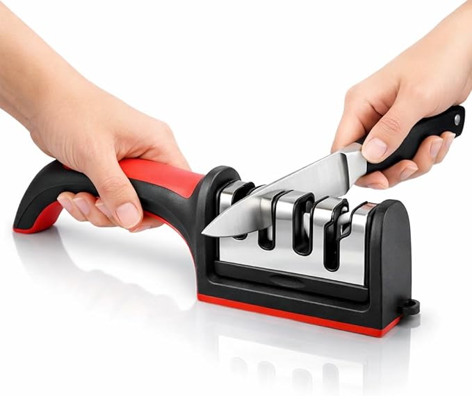 Amolador e Afiador de Facas 4 em 1 Profissional Compacto – Aço Durável, Base Antiderrapante, Cabo Ergonômico e Corte Preciso – Qualidade Premium