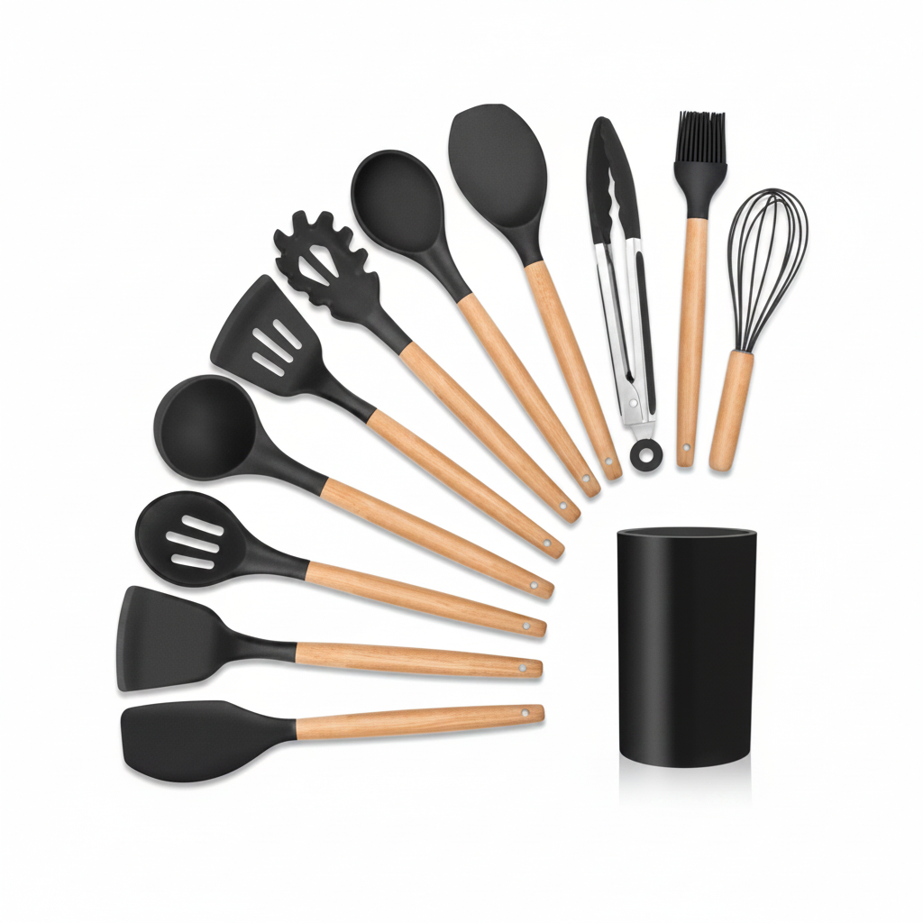 Kit 12 Utensílios De Cozinha Em Silicone E Cabo De Madeira